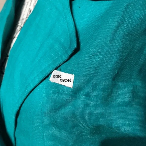 ✈️Nok Nok Vintage Ramie Teal Bodice wrap Overlay shirtdress Shift Sheath Pencil - Picture 7 of 16